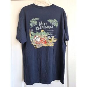 Reyn Spooner Mele Kalikimaka Santa Graphic Tee Navy Blue Mens Large L Cotton